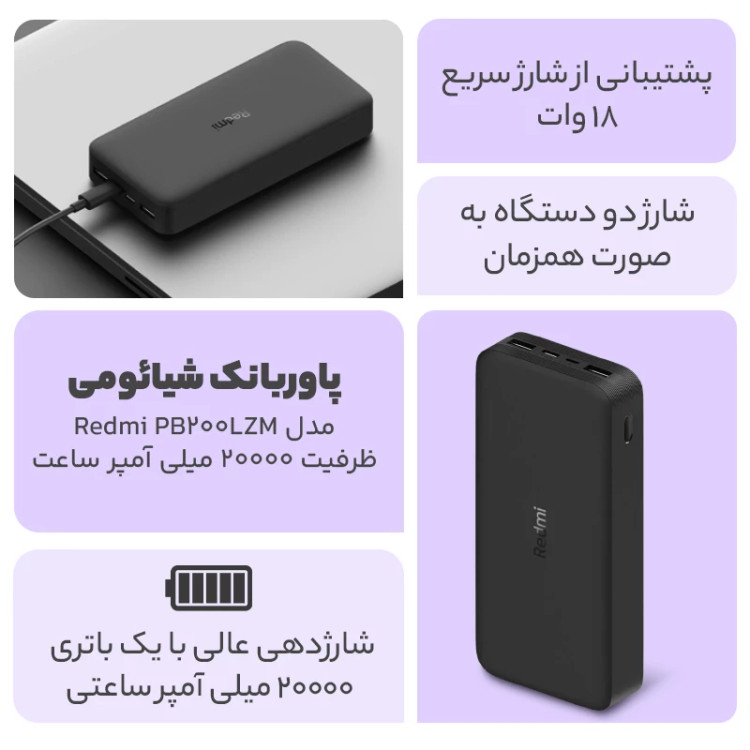 پاوربانک شیائومی مدل Redmi PB200LZM ظرفیت 20000 میلی آمپر ساعت